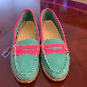 Weejuns Bass Whitney Color Block Suede Penny Loafers Green Pink  Women's Sz 7.5.